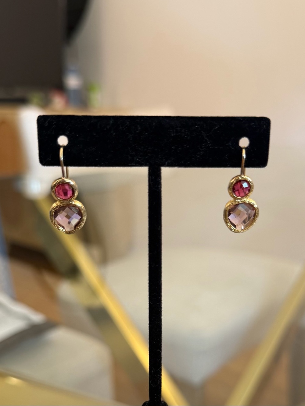 Gold Drop Earrings with Pink and Light Purple Stones